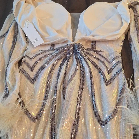 Gray and Cream Backless Embellished Gown with Bishop Sleeves - Picture 14 of 14